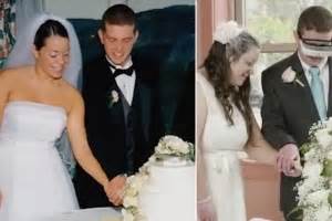 Two photos side by side of a bride and groom cutting a wedding cake. 